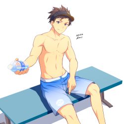Rule 34 | 10s, 1boy, 2016, aoi taishi, bad id, bad pixiv id, bench, blue eyes, blue male swimwear, blue swim trunks, bottle, brown hair, creatures (company), dated, game freak, gradient male swimwear, gradient swimsuit, highres, male focus, male protagonist (pokemon go), male swimwear, nintendo, pokemon, pokemon go, religious offering, signature, simple background, sitting, smile, solo, swim trunks, swimsuit, visor cap, water bottle, white background, white male swimwear, white swim trunks