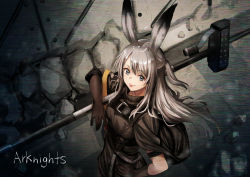 Rule 34 | 1girl, :p, animal ears, arknights, asymmetrical gloves, bad id, bad pixiv id, black cloak, black dress, black gloves, rabbit ears, cloak, copyright name, dress, elbow gloves, female focus, from above, gloves, grey eyes, grey hair, hammer, holding, holding hammer, holding weapon, id card, long hair, looking at viewer, one side up, sakaki rin, savage (arknights), short dress, single elbow glove, smile, solo, tongue, tongue out, uneven gloves, weapon