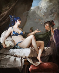 Rule 34 | 2girls, amibazh, armpit peek, bare legs, barefoot, bed, blue bra, blue eyes, blue hair, blue panties, bow, bra, bracelet, breasts, brick wall, cape, cloud, coat, coin, curtains, dress, drill hair, earrings, eyewear on head, faux traditional media, fine art parody, gold, hair bow, hat, hat bow, high collar, jewelry, light brown hair, long hair, looking up, mattress, medium breasts, multiple girls, navel, necklace, ofuda, ofuda on clothes, on bed, orange eyes, panties, parody, parody request, pendant, pillow, ribbon, ring, round eyewear, sitting, smoke, stool, sunglasses, texture, thick thighs, thighs, top hat, touhou, twin drills, underwear, wall, white dress, yorigami jo&#039;on, yorigami shion