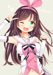 Rule 34 | 1girl, ;d, amidada, arm up, bad id, bad pixiv id, bare shoulders, blush, breasts, brown background, brown hair, collarbone, detached sleeves, green eyes, hair ribbon, hairband, hand up, highres, kizuna ai, kizuna ai inc., long hair, long sleeves, medium breasts, multicolored hair, navel, one eye closed, open mouth, pink hair, pink hairband, pink ribbon, ribbon, shirt, simple background, sleeveless, sleeveless shirt, sleeves past wrists, smile, solo, sparkle, streaked hair, twitter username, v, very long hair, virtual youtuber, white shirt