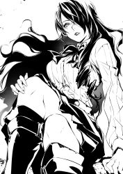 Rule 34 | 1girl, boots, bow, bowtie, breasts, commentary request, crossed legs, dress shirt, fingernails, floating hair, greyscale, hair over one eye, highres, kirijou mitsuru, knee boots, large breasts, lips, long fingernails, long hair, long sleeves, looking at viewer, monochrome, parted lips, persona, persona 3, saeki shun, shirt, sitting, skirt, solo, white background