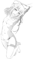 Rule 34 | 1girl, :d, absurdres, arms up, asunogear, barefoot, bikini, braid, braided ponytail, breasts, cevio, cleavage, collarbone, female focus, full body, greyscale, groin, highres, long hair, looking at viewer, monochrome, navel, one (cevio), open mouth, ponytail, simple background, sketch, small breasts, smile, solo, strapless, strapless bikini, swimsuit, tube top, underboob, white background