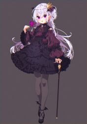 Rule 34 | 1girl, bat wings, black dress, black footwear, black pantyhose, boots, cane, crown, dress, earrings, flower, frilled dress, frills, full body, gothic lolita, hair flower, hair ornament, holding, holding cane, holding flower, indie virtual youtuber, jewelry, lolita fashion, looking at viewer, mamyouda, mini crown, pantyhose, purple eyes, purple flower, purple hair, purple rose, rose, solo, standing, tsukishima cross, virtual youtuber, wings
