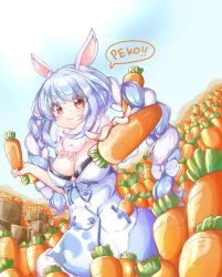 Rule 34 | 1girl, :3, animal ear fluff, animal ears, blue hair, blue sky, blush, bow, box, braid, breasts, buttons, carrot, catchphrase, cleavage, closed mouth, eyebrows, food-themed hair ornament, giving, hair bow, hair ornament, highres, holding, hololive, kanami9731, long braid, looking at viewer, medium breasts, multicolored hair, no gloves, outdoors, pocket, rabbit ears, rabbit girl, red eyes, scarf, sky, solo, speech bubble, twin braids, two-tone hair, usada pekora, usada pekora (1st costume), virtual youtuber, white hair