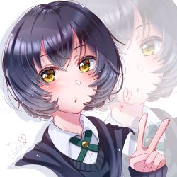 Rule 34 | 1girl, absurdres, black hair, bob cut, chelsea0327, hand up, heart, highres, idoly pride, igawa aoi, long sleeves, looking at viewer, short hair, signature, solo, upper body, v, yellow eyes, zoom layer