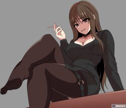 Rule 34 | 1girl, artist name, beautiful gunbari, black shirt, breasts, brown eyes, brown hair, brown pantyhose, cigarette, cleavage, feet, foot out of frame, holding, holding cigarette, jung su-a, knee up, large breasts, legs, long hair, long sleeves, looking at viewer, marheit, mole, mole on breast, no shoes, o-ring, pantyhose, shirt, sitting, solo, thigh strap, toes, very long hair
