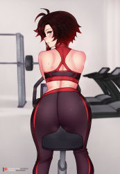 Rule 34 | 1girl, ass, ass focus, back, bare shoulders, black hair, bluefield, blush, exercising, exercise bike, from behind, gradient hair, gym, highres, leggings, lips, looking at viewer, looking back, multicolored hair, pants, red hair, ruby rose, rwby, short hair, sitting, smile, solo, sports bra, sweat, thighs, two-tone hair