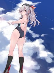 Rule 34 | 1girl, black socks, blue eyes, blue sky, cloud, competition swimsuit, from behind, from below, gloves, grey eyes, kantai collection, kashima (kancolle), kneehighs, looking at viewer, looking back, one-piece swimsuit, rudder footwear, silver hair, sky, smokestack, socks, solo, standing, swimsuit, twintails, wavy hair, white gloves, yumesato makura