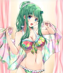 Rule 34 | 1girl, alternate hairstyle, bikini, blue eyes, breasts, cleavage, commentary request, floral print, frilled bikini, frills, frog hair ornament, front-tie bikini top, front-tie top, fule, green hair, hair ornament, hair up, head tilt, holding, holding towel, kochiya sanae, large breasts, long hair, looking at viewer, multicolored bikini, multicolored clothes, navel, open mouth, ponytail, print bikini, scrunchie, sidelocks, smile, solo, standing, swimsuit, touhou, towel, upper body, white scrunchie