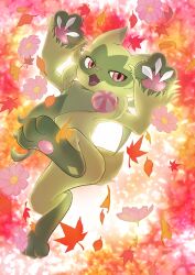 Rule 34 | :d, absurdres, claws, commentary request, creatures (company), falling leaves, fangs, floragato, full body, game freak, highres, koso2023, leaf, looking at viewer, nintendo, no humans, open mouth, pokemon, pokemon (creature), smile, solo, tongue