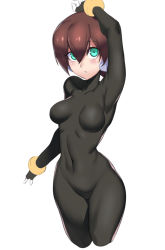 Rule 34 | 1girl, aile (mega man zx), blush, bodystocking, bodysuit, breasts, brown hair, gloves, green eyes, groin, hair between eyes, looking at viewer, protected link, robot ears, mega man (series), mega man zx, short hair, simple background, skin tight, solo, spandex, ukimukai, white background