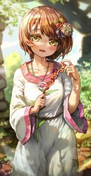 Rule 34 | 1girl, :d, absurdres, blurry, blurry background, blurry foreground, blush, breasts, brown hair, collarbone, day, depth of field, dress, flower, flower request, hair flower, hair ornament, hand up, head tilt, highres, holding, holding flower, large breasts, long sleeves, melaton, open mouth, original, outdoors, red flower, short hair, smile, solo, white dress, wide sleeves