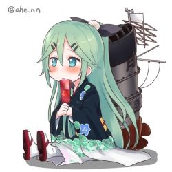 Rule 34 | 1girl, ahenn, blush, chibi, commentary request, green eyes, green hair, hagoita, hair between eyes, hair ornament, hair ribbon, hairclip, holding, japanese clothes, kantai collection, kimono, long hair, lowres, machinery, obi, paddle, ribbon, sash, simple background, sitting, solo, twitter username, white background, yamakaze (kancolle)