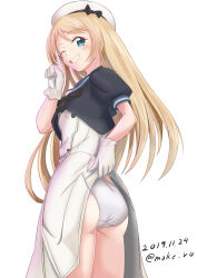 1girl ass blonde_hair blue_eyes blue_sailor_collar blush dress gloves hat jervis_(kancolle) kantai_collection lifting_own_clothes long_hair looking_at_viewer moke_ro one_eye_closed panties sailor_collar sailor_dress sailor_hat short_sleeves simple_background smile solo underwear white_background white_dress white_gloves white_panties