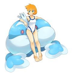 Rule 34 | 1girl, armpits, barefoot, blue eyes, breasts, collarbone, competition swimsuit, creatures (company), eyelashes, feet, feet together, female focus, fingernails, full body, game freak, gen 5 pokemon, gym leader, happy, hari (kureon), jellicent, jellicent (male), legs, looking at another, looking to the side, medium hair, misty (pokemon), neck, nintendo, one-piece swimsuit, orange hair, outstretched arms, pokemon, pokemon (creature), pokemon hgss, resting, shiny clothes, shiny skin, side bangs, sidelocks, simple background, size difference, skin tight, small breasts, smile, spread arms, standing, swimsuit, thighs, tiptoes, toenails, toes, white background, white one-piece swimsuit
