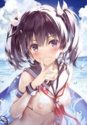 Rule 34 | 1girl, absurdres, bare shoulders, bikini, black hair, blue sky, blush, breasts, cloud, cloudy sky, collarbone, comic aun, day, fingernails, floral print, grin, hand up, highres, holding, innertube, lips, long hair, looking at viewer, misaki kurehito, nipples, ocean, outdoors, parted lips, purple eyes, sailor collar, scan, see-through, simple background, sky, small breasts, smile, swim ring, swimsuit, teeth, twintails, upper body, water, water drop