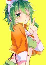 Rule 34 | 1girl, :o, breasts, from side, goggles, goggles on head, green eyes, green hair, green skirt, green tube top, gumi, gumi (v3 megpoid), hand up, highres, jacket, light blush, looking at viewer, medium breasts, midriff, one eye closed, open mouth, orange jacket, red goggles, short hair, sidelocks, simple background, skirt, solo, strapless, suspender skirt, suspenders, tube top, underboob, upper body, v, vocaloid, yellow background, yuruno