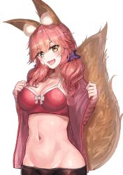 Rule 34 | 1girl, absurdres, animal ear fluff, animal ears, blush, bra, breasts, cleavage, collarbone, fate/extra, fate/extra ccc, fate (series), fox ears, fox girl, fox tail, hair between eyes, highres, hoshibudou, huge filesize, jacket, large breasts, long hair, looking at viewer, low twintails, navel, official alternate costume, open clothes, open jacket, open mouth, pink bra, pink hair, pink jacket, scrunchie, simple background, smile, solo, stomach, tail, tamamo (fate), tamamo no mae (fate/extra), tamamo no mae (spring casual) (fate), twintails, underwear, white background, yellow eyes
