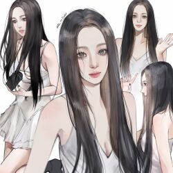 Rule 34 | 14 hao qu qi, 1girl, aespa, black footwear, black nails, boots, breasts, cleavage, collarbone, dress, forehead, from side, highres, holding, holding phone, k-pop, karina (aespa), long hair, looking ahead, mole, mole under mouth, multiple views, nail polish, parted hair, parted lips, phone, pink lips, real life, small breasts, smile, twitter username, waving, white background, white dress