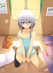 Rule 34 | 1girl, ahoge, artist logo, asymmetrical legwear, bare arms, bare shoulders, between legs, black thighhighs, blue dress, book, closed mouth, collarbone, commentary request, day, dress, expressionless, flat chest, from above, full body, grey hair, hair between eyes, heart, highres, indoors, light particles, long hair, looking at viewer, mahcdai, open book, original, panties, unworn panties, paper, pink panties, purple eyes, short dress, sitting, sketchbook, sleeveless, sleeveless dress, solo, strap slip, stuffed animal, stuffed toy, sunlight, teddy bear, thighhighs, thighhighs pull, underwear, uneven legwear, v arms, wariza, window