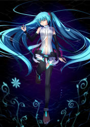 Rule 34 | 1girl, absurdres, aqua hair, aqua nails, barefoot, bridal gauntlets, closed eyes, flower, glowing, hatsune miku, hatsune miku (append), highres, long hair, lying, nail polish, nana mikoto, navel, neon trim, solo, thighhighs, twintails, very long hair, vocaloid, vocaloid append, water