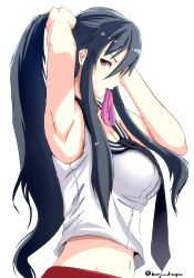 Rule 34 | 10s, 1girl, adjusting hair, arm up, armpits, arms behind head, black hair, bondo (borndragon), borndragon, breasts, hand in own hair, highres, kantai collection, large breasts, long hair, looking at viewer, looking to the side, mouth hold, necktie, no gloves, ponytail, red eyes, school uniform, serafuku, sleeveless, solo, twitter username, tying hair, yahagi (kancolle)