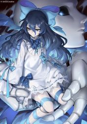 Rule 34 | 1girl, 1other, black hair, black sclera, blue eyes, bow, colored sclera, commentary request, doll, doll joints, dress, glowing, glowing eyes, hair bow, highres, joints, leg ribbon, legs, linmiu (smilemiku), little witch nobeta, long hair, official art, pale skin, ribbon, sitting, sleeves past wrists, tania (little witch nobeta), thighs, white dress