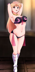 Rule 34 | 1girl, absurdres, armpits, arms behind head, belly dancer, blonde hair, breasts, dragon quest, dragon quest dai no daibouken, highres, large breasts, legs, long hair, looking at viewer, open mouth, pink eyes, princess leona, smile, solo, thighs