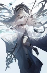 Rule 34 | 1girl, absurdres, chain, earrings, floating, floating hair, grey eyes, highres, holding, holding staff, jewelry, lm7 (op-center), looking up, original, solo, staff, thigh strap, white hair
