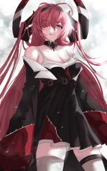 Rule 34 | 1girl, azur lane, bare shoulders, black dress, black hairband, breasts, cleavage, closed mouth, collarbone, cross, cross necklace, dress, feet out of frame, hair between eyes, hair over one eye, hairband, highres, horns, iron cross, ishimaru (ishimarust), jewelry, licking lips, lips, long hair, looking at viewer, medium breasts, necklace, prinz rupprecht (azur lane), purple eyes, red hair, simple background, snowflake background, snowflakes, solo, standing, thighhighs, tongue, tongue out, white thighhighs, wide sleeves