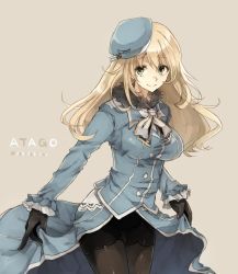 Rule 34 | 10s, 1girl, atago (kancolle), bad id, bad twitter id, beret, black gloves, black pantyhose, blonde hair, breasts, character name, chibirisu, cowboy shot, dress, gloves, green eyes, hat, kantai collection, large breasts, light smile, long hair, looking at viewer, military, military uniform, pantyhose, simple background, skirt hold, smile, solo, standing, twitter username, uniform