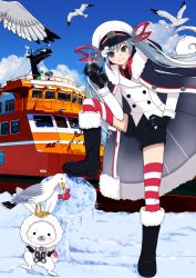 Rule 34 | 1girl, animal, animal on head, binoculars, bird, bird on head, blue eyes, blue hair, blush, boat, boots, buttons, clothed animal, coat, coat on shoulders, collared shirt, crab, day, double-breasted, fur trim, gloves, hair ornament, hand on own hip, hat, hatsune miku, highres, holding, holding removed eyewear, ice sculpture, jacket, knee up, lens flare, long sleeves, mofmama, multicolored hair, necktie, on head, pink hair, rabbit, sailor hat, seagull, shirt, shorts, sky, smile, snow, solo focus, standing, standing on one leg, striped clothes, striped thighhighs, sunglasses, thick eyebrows, thighhighs, unworn eyewear, vocaloid, watercraft, white hair, yuki miku, yuki miku (2022)