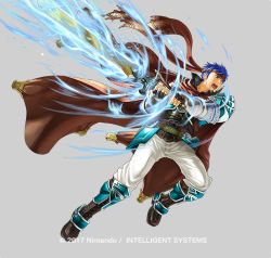 Rule 34 | 1boy, armor, blue eyes, cape, fingerless gloves, fire emblem, fire emblem: path of radiance, fire emblem: radiant dawn, full body, gloves, headband, holding, holding sword, holding weapon, ike (fire emblem), kita senri, looking at viewer, male focus, nintendo, official art, pants, simple background, solo, standing, sword, weapon, white pants