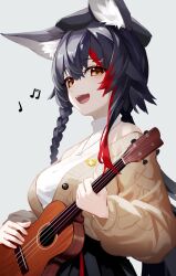 Rule 34 | 1girl, :d, animal ear fluff, animal ears, bare shoulders, beret, black hair, black hat, braid, breasts, brown cardigan, cardigan, cine (wazd0183), commentary request, guitar, hair ornament, halter shirt, halterneck, hat, highres, holding, holding guitar, holding instrument, hololive, instrument, jewelry, large breasts, long hair, long sleeves, looking at viewer, low-tied long hair, multicolored hair, music, musical note, necklace, off shoulder, official alternate costume, ookami mio, ookami mio (street), open cardigan, open clothes, open mouth, orange eyes, playing guitar, playing instrument, red hair, shirt, side braid, sidelocks, simple background, singing, single braid, smile, solo, spiked hair, streaked hair, tail, two-tone hair, upper body, virtual youtuber, white background, white hair, white shirt, wide ponytail, wolf ears, wolf girl, wolf tail, x hair ornament