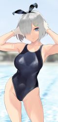Rule 34 | 1girl, animal ears, blue eyes, blue one-piece swimsuit, breasts, collarbone, competition swimsuit, cowboy shot, fake animal ears, gloves, hair ornament, hair over one eye, hairclip, hamakaze (kancolle), highres, kantai collection, large breasts, neckerchief, one-piece swimsuit, outdoors, pool, rabbit ears, short hair, silver hair, solo, swimsuit, wa (genryusui), water, white gloves, yellow neckerchief
