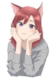 Rule 34 | 1girl, absurdres, animal ears, blush, cat ears, closed mouth, commentary request, grey hoodie, hair between eyes, hands on own cheeks, hands on own face, highres, hood, hoodie, long sleeves, looking at viewer, love live!, love live! school idol project, medium hair, nishikino maki, purple eyes, red hair, s sho mkrn, solo, standing, upper body, white background