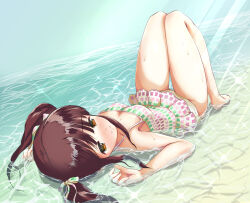 Rule 34 | 1girl, bare shoulders, barefoot, blush, bow, breasts, brown eyes, brown hair, cleavage, closed mouth, collarbone, hair bow, hair ribbon, highres, idolmaster, idolmaster cinderella girls, idolmaster cinderella girls starlight stage, in water, knees together feet apart, knees up, kuroba aki, long hair, looking at viewer, lying, medium breasts, multicolored clothes, multicolored swimsuit, ogata chieri, on back, one-piece swimsuit, ribbon, shy, smile, solo, sunlight, swimsuit, twintails, wet, wet clothes, wet hair, wet swimsuit, white ribbon