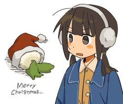 Rule 34 | 1girl, arms at sides, blue jacket, blush, brown eyes, brown hair, collared shirt, dot nose, earmuffs, hair tie, hat, jacket, long hair, looking to the side, low twintails, merry christmas, open clothes, open jacket, open mouth, orange shirt, original, ozu (oz yarimasu), santa hat, shirt, sidelocks, simple background, solo, turnip, twintails, upper body, v-shaped eyebrows, white background