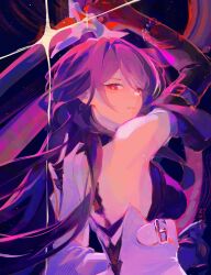 Rule 34 | 1girl, absurdres, acheron (honkai: star rail), bare back, bare shoulders, breasts, commentary, elbow gloves, gloves, highres, honkai: star rail, honkai (series), medium breasts, purple hair, red eyes, solo, upper body, zuristiie