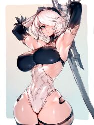 Rule 34 | 1girl, 2b (nier:automata), black gloves, black headband, black leotard, blue eyes, border, breasts, cleavage, cleavage cutout, clothing cutout, commentary, covered navel, cowboy shot, cropped legs, curvy, elbow gloves, fumio (rsqkr), gloves, hair between eyes, hair over one eye, headband, heattech leotard, highleg, highleg leotard, highres, holding, holding sword, holding weapon, juliet sleeves, large breasts, leotard, long sleeves, mole, mole under mouth, nier:automata, nier (series), no blindfold, outside border, parted lips, puffy sleeves, short hair, simple background, skin tight, sleeveless, sleeveless turtleneck, sleeveless turtleneck leotard, solo, sword, thick thighs, thighhighs, thighs, turtleneck, two-tone background, two-tone leotard, weapon, weapon behind back, white background, white border, white hair, wide hips