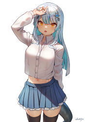 Rule 34 | 1girl, arm up, arpeggio kaga, black thighhighs, blue nails, blue skirt, breasts, buttons, character request, collared shirt, colored inner hair, cowboy shot, crop top, crop top overhang, dress shirt, frilled skirt, frills, hair ornament, hairclip, highres, indie virtual youtuber, long hair, long sleeves, looking at viewer, medium breasts, midriff, miniskirt, multicolored hair, nail polish, navel, partially unbuttoned, pleated skirt, revision, see-through silhouette, shirt, simple background, skirt, snowflake hair ornament, solo, standing, stomach, streaked hair, sweat, tail, thighhighs, virtual youtuber, white background, white hair, white shirt, zettai ryouiki