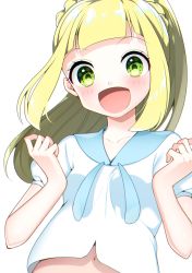 Rule 34 | 1girl, :d, absurdres, bad id, bad pixiv id, blonde hair, collarbone, creatures (company), floating hair, game freak, green eyes, highres, lillie (pokemon), long hair, looking at viewer, midriff, navel, nintendo, open mouth, pokemon, pokemon sm, shirt, short sleeves, sidelocks, simple background, smile, solo, stomach, upper body, white background, white shirt, yuihico