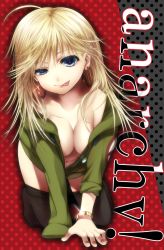 Rule 34 | 10s, 1girl, ahoge, all fours, bent over, black thighhighs, blonde hair, blue eyes, bracelet, breasts, cleavage, earrings, english text, female focus, full body, gradient background, jewelry, jumpsuit, licking, long hair, nail polish, off shoulder, open clothes, open shirt, panty &amp; stocking with garterbelt, panty (psg), shirt, smile, solo, thighhighs, tongue