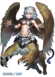 Rule 34 | 1girl, animal ears, animal hands, armpits, bare shoulders, bikini, black bikini, black nails, breasts, brown eyes, centauroid, chimera, claws, collarbone, commentary request, eyebrows hidden by hair, feathered wings, fingernails, floating, full body, grey hair, groin, hair between eyes, large breasts, lion ears, long fingernails, looking at viewer, medium hair, midriff, monster girl, nail polish, navel, ninnin (shishitou), original, parted lips, sidelocks, simple background, snake, solo, swimsuit, taur, thick eyebrows, underboob, watermark, white background, wings, wristband