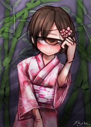 Rule 34 | 1girl, alternate costume, bamboo, blush, brown eyes, brown hair, cyclops, flower, hair flower, hair ornament, hand in own hair, hitomebore, japanese clothes, kimono, looking at viewer, obi, official art, one-eyed, ray-k, sash, short hair, signature, sketch, smile, solo, usui sachi, yagasuri