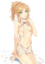 Rule 34 | 1girl, alternate costume, areola slip, barefoot, blonde hair, blush, braid, breasts, convenient censoring, fate/apocrypha, fate (series), french braid, green eyes, highres, looking at viewer, medium breasts, meme attire, midriff, mordred (fate), mordred (fate/apocrypha), navel, open mouth, ponytail, red scrunchie, rizu033, scrunchie, sitting, solo, virgin killer sweater, wariza, white background
