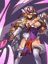 Rule 34 | 1girl, adapted costume, alternate costume, alternate hairstyle, bare shoulders, blonde hair, bow, breasts, cleavage, cowboy shot, detached sleeves, hair bow, hat, hat ribbon, highres, large breasts, long hair, long sleeves, looking at viewer, low twintails, melon22, mob cap, purple eyes, ribbon, sideboob, smile, solo, staff, standing, tabard, thighhighs, touhou, trigram, twintails, white thighhighs, wide sleeves, yakumo yukari