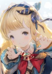 Rule 34 | 10s, 1girl, ascot, backlighting, blonde hair, blurry, blush, cagliostro (granblue fantasy), cagliostro (youthful uniform) (granblue fantasy), child, claw pose, closed mouth, collared shirt, depth of field, eyelashes, granblue fantasy, hairband, head tilt, highres, long hair, long sleeves, looking at viewer, nail polish, palms, purple eyes, shiratsuyu mone, shirt, smile, solo, striped, upper body, white shirt