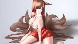 Rule 34 | 1girl, absurdres, akagi (azur lane), animal ears, arm behind back, azur lane, barefoot, breasts, brown hair, cleavage, closed mouth, fox ears, fox tail, hair ornament, hairclip, hand on floor, highres, ichikushi mojibake, large breasts, lips, long hair, looking at viewer, on floor, red eyes, red skirt, shirt, simple background, skirt, solo, tail, white shirt