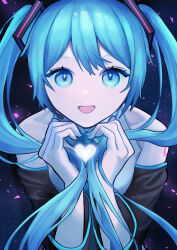 Rule 34 | 1girl, absurdres, aqua eyes, aqua hair, bare shoulders, black sleeves, commentary, detached sleeves, fui (5f7 x), hands up, hatsune miku, heart, heart hands, highres, long hair, long sleeves, looking at viewer, open mouth, shoulder tattoo, smile, solo, straight-on, tattoo, twintails, upper body, very long hair, vocaloid